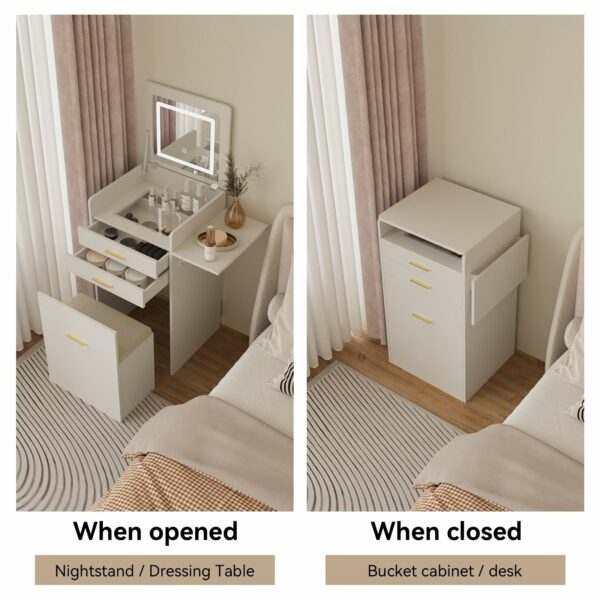 YOURLITE Dressing Table with Flip-top Mirror and LED Lights, Integrated Makeup Table for Small Spaces, Compact Small Vanity Desk Set with Fold-up Panel, Cushioned Storage Stool for Bedroom, White