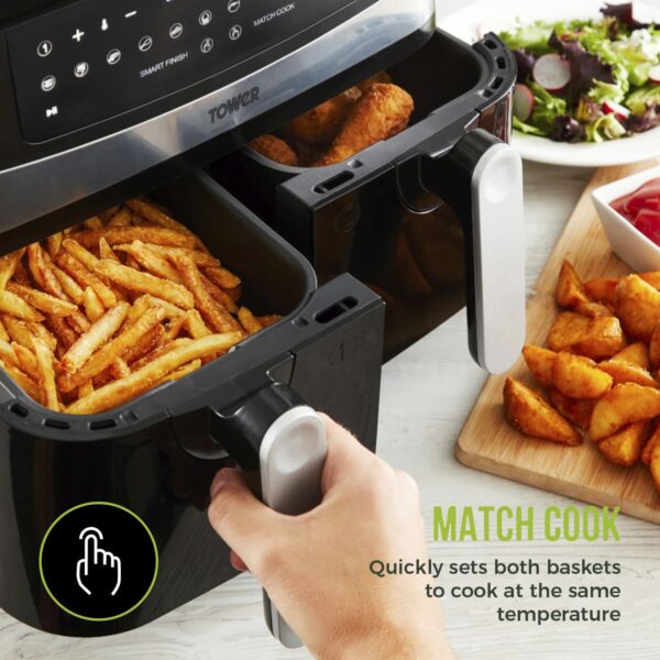 Tower T17088 Vortx 9L Dual Basket Air Fryer with Smart Finish, 2600W, Black