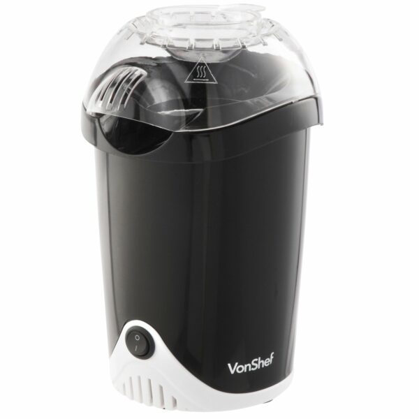 VonShef Popcorn Maker – 1200W Air Popcorn Machine with Hot Air Circulation, One Touch Operation, Movie Night Accessories, Healthy & Oil Free Snack Maker for Kids with 6 Boxes - Black