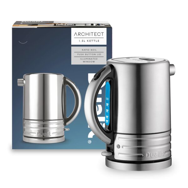 Dualit Architect Kettle | 1.5 L 2.3 KW Stainless Steel | Rapid Boil and Patented Pure Pour Non-Drip Spout | Measuring Window with Cup Level Indicators | CJK1, Black Trim Brushed Body