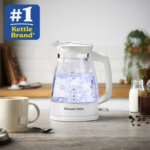 Russell Hobbs Carafe Style 1.7L Cordless Electric Glass Kettle with white handle, lid & base and blue internal illumination (Fast boil, 3KW, Anti-scale filter, Pull off lid, unique glass spout) 26081