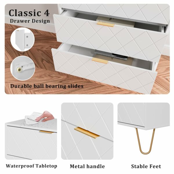 HEYZOEY Chest of Drawers, Wood 4 Drawers Cabinet Storage Organiser, Tall High Gloss Drawer Dresser with Gold Metal Legs for Bedroom, Living Room, Closet, Hallway, White