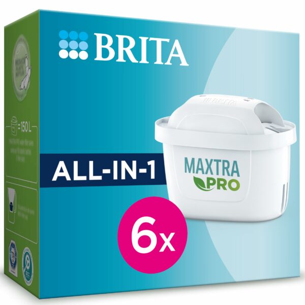 BRITA MAXTRA PRO All-in-1 Water Filter Cartridge (Now Pure Performance) - 6 Pack - Original BRITA Refill reducing impurities, Chlorine, PFAS, pesticides and limescale for tap Water with Better Taste