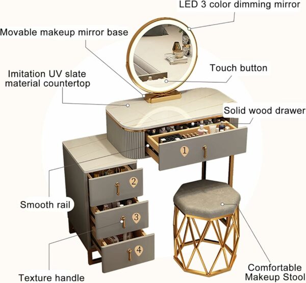 Dressing Table Set with LED Lights Mirror and 4 Drawers, Wooden Makeup Vanity Desk Stool, Modern Makeup Vanity Dressing Table with Cushioned Stool, for Women Girls,Black+gray,L:60cm/23.6 inc