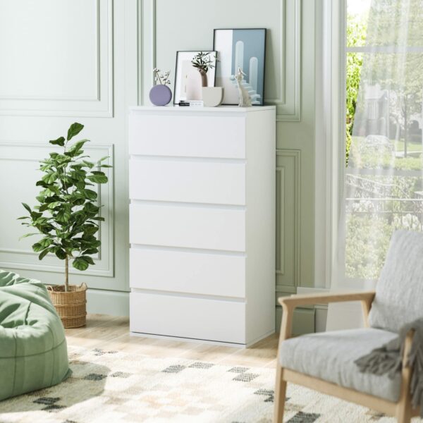 Forehill White Chest of Drawers Bedroom Storage Cabinet with 5 Drawers Tall Chest