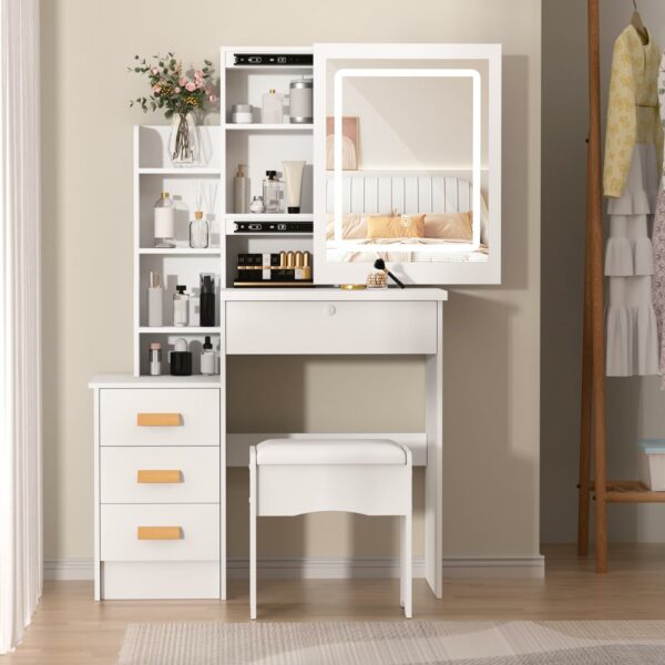 Dressing Table with LED Lights and Adjustable Brightness, Vanity Desk with Mirror, 4 Drawers, 6 Hidden Shelves, and Stool, Makeup Desk for Bedroom, Modern Makeup Table with Mirror and Chair (White)