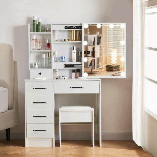 Guanglai Vanity Desk with Mirror & Light, 3 Lighting Modes Adjustable Brightness,5 Drawers Makeup Table with Stool for Women Girls