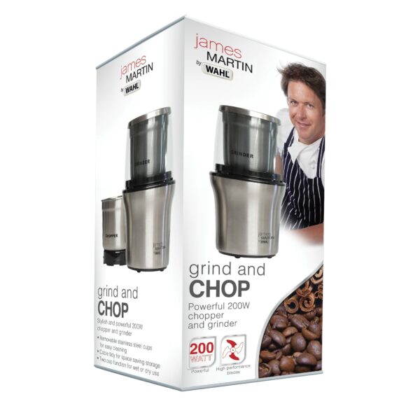Wahl James Martin Grind and Chop, Electric Grinders Ideal for Coffee, Nuts and Spices, Safety Lock-In Lid, Brushed Stainless Steel, 200W, Capacity 70g