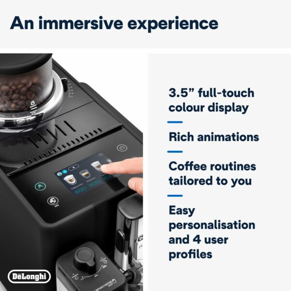 De'Longhi Rivelia EXAM440.55.B, Fully Automatic Coffee Machine with LatteCrema Hot, Automatic Milk Frother, Compact Size Bean to Cup Coffee Machine, 16 Recipes, Full Touch Colored Display, Black