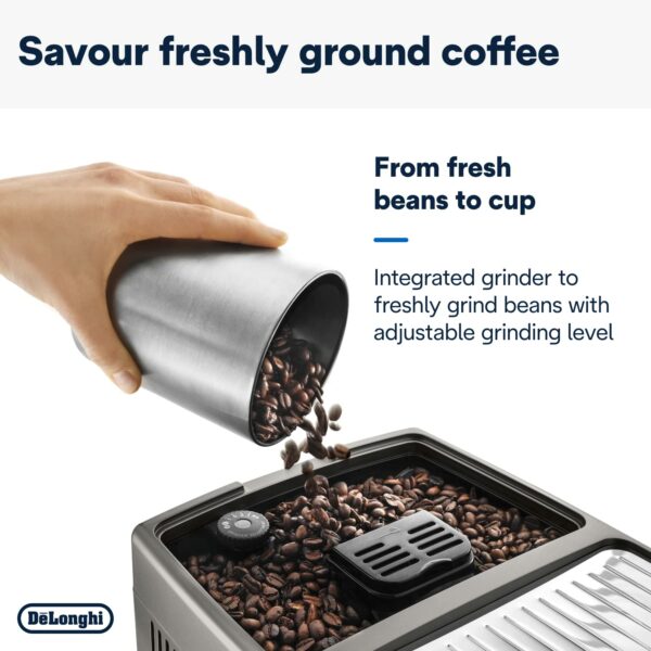 De'Longhi Dinamica Plus ECAM370.95.T, Automatic Bean to Cup Coffee Machine, LatteCrema Hot Milk Frother, Smart One Touch Technology, App, 3.5" Touchscreen, My Function, 1450W, Titanium