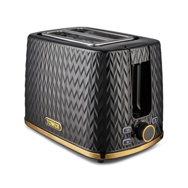 Tower T20054BLK Empire 2 Slice Toaster with Defrost/Reheat, Removable Crumb Tray, 900W, Black and Brass