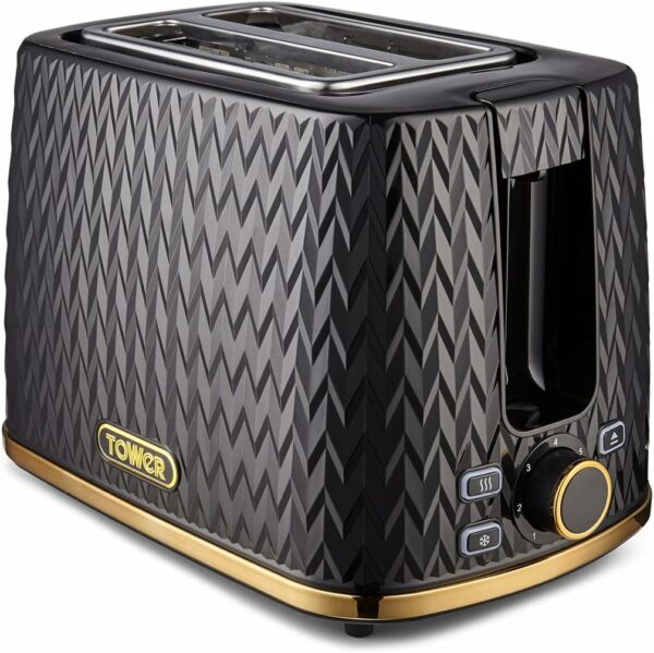 Tower T20054BLK Empire 2 Slice Toaster with Defrost/Reheat, Removable Crumb Tray, 900W, Black and Brass