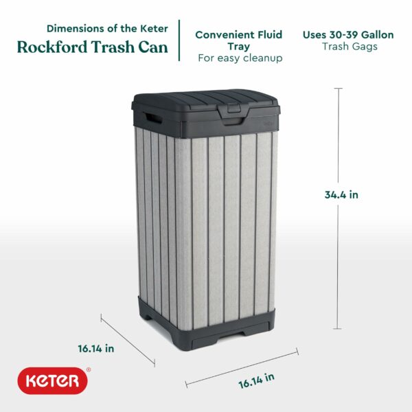 Keter Rockford Resin 38 Gallon Trash Can with Lid and Drip Tray for Easy Cleaning-Perfect for Patios, Kitchens, and Outdoor Entertaining, Grey