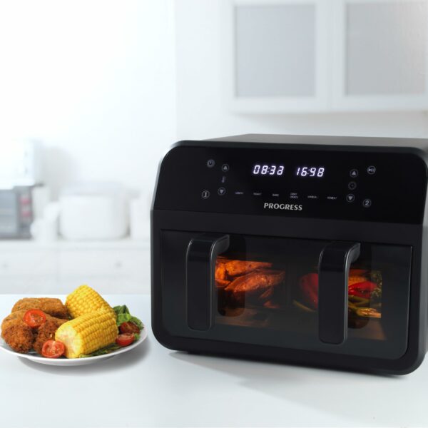 Progress Dual View Air Fryer – 7 Litre, Non-Stick Cooking Basket, Removable Divider, Family Size Capacity, Viewing Window, Digital LED Touch Display, 6 Cooking Functions, Hot Air Circulation, 2300 W