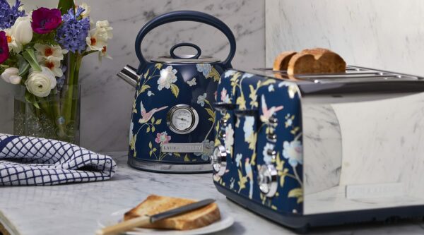 Laura Ashley Elveden Navy Cordless Electric Kettle By VQ, Stainless Steel Kettle With Capacity of 1.7 Litre, Energy Efficient 3KW Fast Boiling Technology With Boil Dry Protection & Temperature Gauge