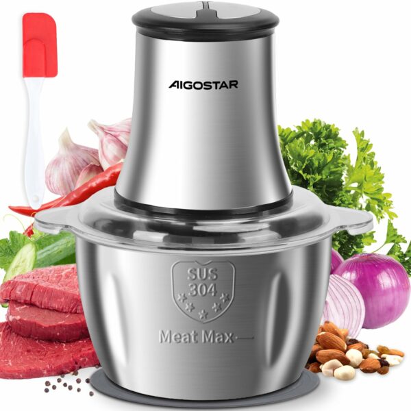 Aigostar Food Processor 500W Vegetable Chopper 1.8L Stainless Steel Bowl, Small Meat Grinder with 2 Speeds, 4 Bi-Level Blades for Fruits, Onion and Nuts，Garlic Baby Food - Flor 01H95