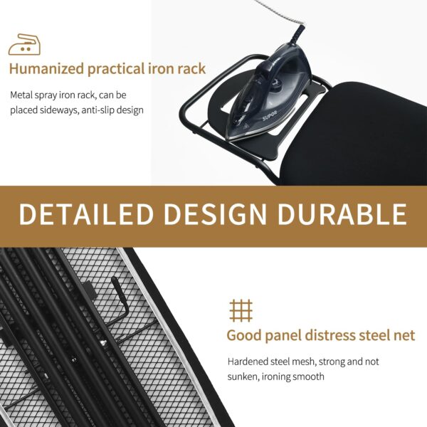Rainberg 122 x 38cm Folding Ironing Board with Jumbo Iron Rest, Adjustable Height Up To 93cm, Foldable & Collapsible Ironing Table (Black)