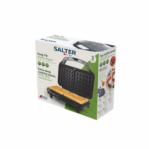 Salter Double Waffle Maker – Non-Stick Dual Waffle Iron Plates, Deep Fill Belgian & American Waffle Machine, Automatic Temperature Control, Cool Touch Handle, Savoury Snacks & Desserts, 900W, EK2249