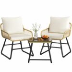 Yaheetech 3 Pieces Bistro Set, Outdoor PE Wicker Chairs and Tempered Glass Table with Waterproof Cushions