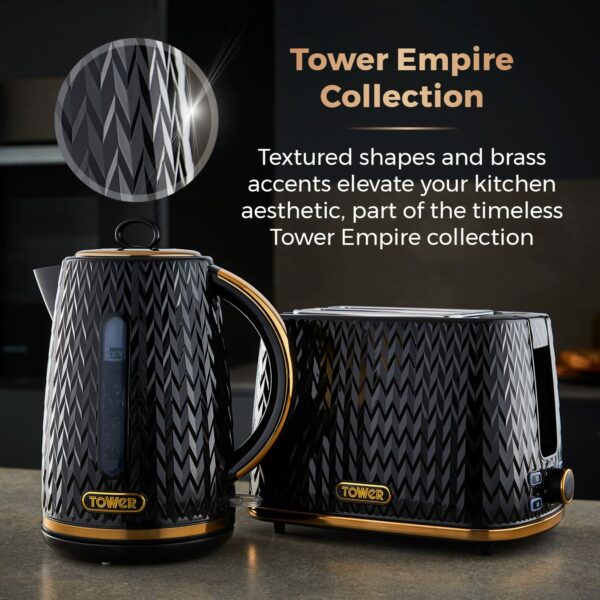 Tower T10052BLK Empire 1.7 Litre Kettle with Rapid Boil, Removable Filter, 3000W, Black with Brass Accents