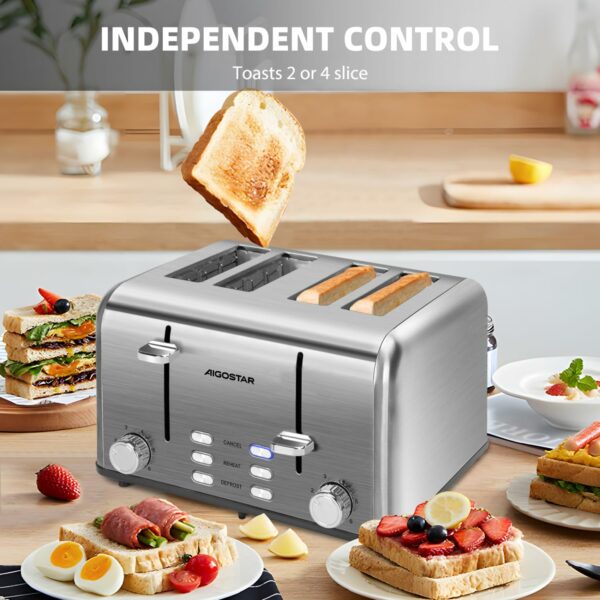 Aigostar Toaster 4 Slice Stainless Steel Toaster with Independent and Extra-Wide Slots, High Lifting, Defrost & Reheat Functions, Variable Browning Settings, Silver - Gordon 30ZGE