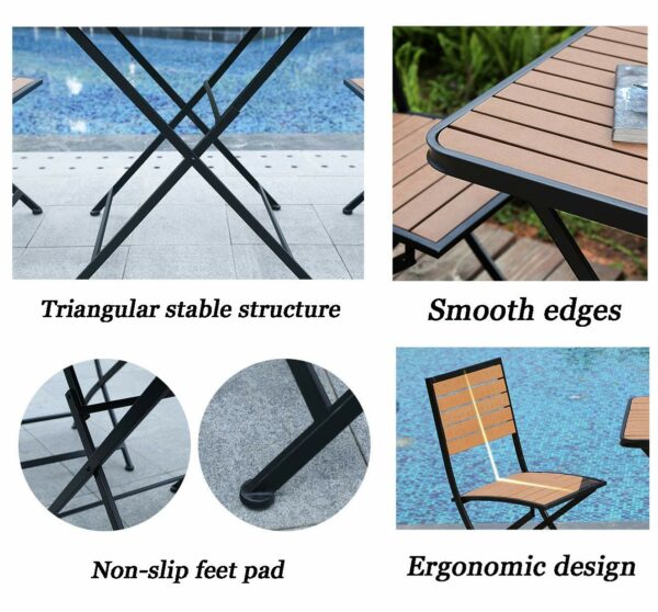 Patio Furniture Set Wooden & Metal 2 Seater Square Garden Table And Chairs Folding Weatherproof Bistro Set