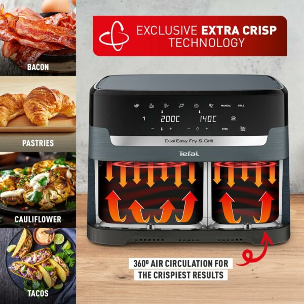 Tefal XXL Dual Easy Fry 11L Air Fryer, Dual Drawer, No Oil, Extra Crisp, Roast, Bake, Reheat, Dehydrate, 7 Pre-set Programs, Dishwasher Safe