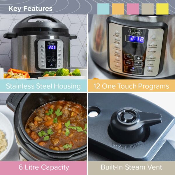 Quest 63009 Pressure Cooker Electric 6L / 12-in-1 Multi-Function Cooker/Stainless Steel Housing / 1000W / Slow Cook, Steam, Roast, Keep Warm & More/Recipe Book Included