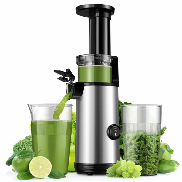 KIDISLE Compact Juicer Machines Powerful Cold Press Juicer Easy to Clean Slow Juicer High Yield Juice Extractor Low Noise Masticating Juicer for Fruits and Vegetables Reverse Function 600ml Cup Brush