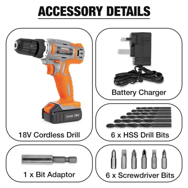 Terratek Cordless Drill Driver 18V Lithium-Ion, 13Pc Electric Screwdriver Set, LED Work Light, Electric Drill Quick Change Power Drill Battery and Charger Included