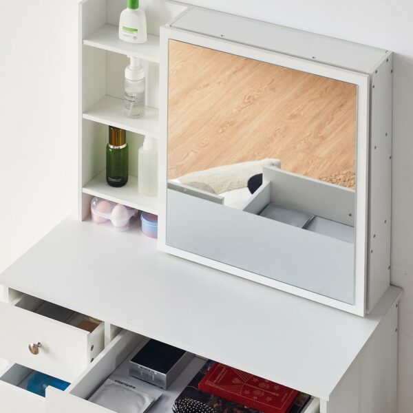 Tukailai White Vanity Dressing Table Set Corner Makeup Desk with 5 Drawers, 1 Slide Mirror, 7 Shelves and Stool Bedroom Furniture