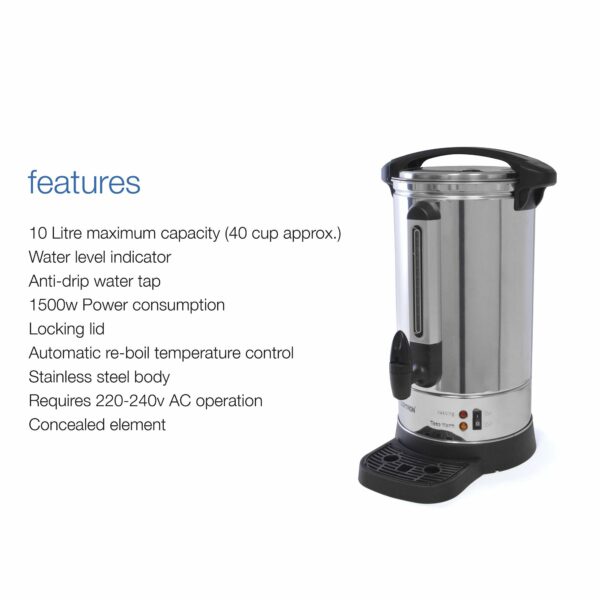 LLOYTRON 10 Litre 1500w Stainless Steel Catering Urn / Water Boiler / Anti-drip Tap / Water Level Indicator / Drip Tray / Auto Re-boil Temperature Control / Locking Lid / E1910 / Stainless Steel