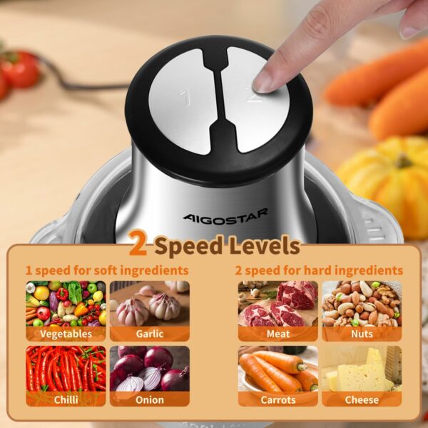 Aigostar Food Processor 500W Vegetable Chopper 1.8L Stainless Steel Bowl, Small Meat Grinder with 2 Speeds, 4 Bi-Level Blades for Fruits, Onion and Nuts，Garlic Baby Food - Flor 01H95