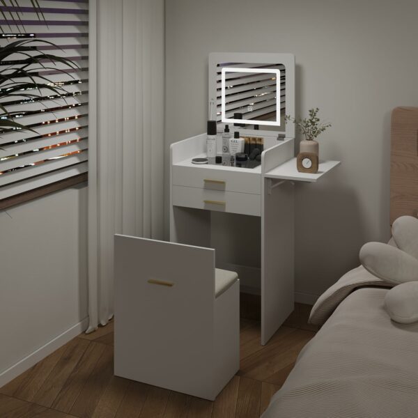 YOURLITE Dressing Table with Flip-top Mirror and LED Lights, Integrated Makeup Table for Small Spaces, Compact Small Vanity Desk Set with Fold-up Panel, Cushioned Storage Stool for Bedroom, White