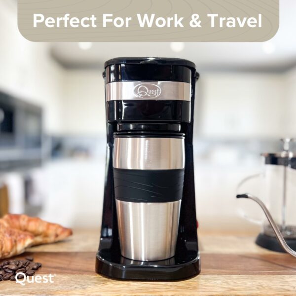 Quest 35189 Filter Coffee Machine/Portable Travel Filter Coffee Maker / 420ml Capacity/Thermal Travel Mug Included/Works with Ground Coffee & Coffee Pods/Instant Espresso & More