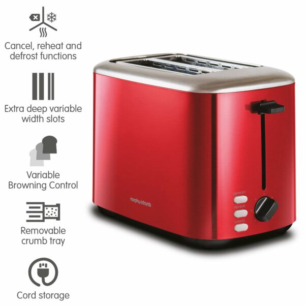Morphy Richards Equip Red 2 Slice Toaster - Defrost And Reheat Settings - 2 Slot - Stainless Steel - 222066