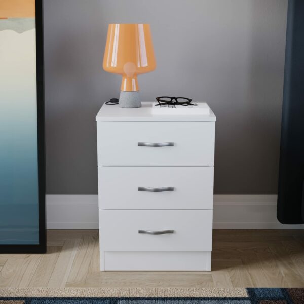 Vida Designs Large White Bedside Cabinet Chest of Drawers, 3 Drawer With Metal Handles