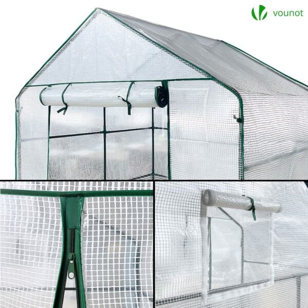 VOUNOT Walk In Greenhouse with Shelves, Roll up Zip Panel Door Garden Plastic Polytunnels Grow House for Outdoor Use, White 143x143x195cm