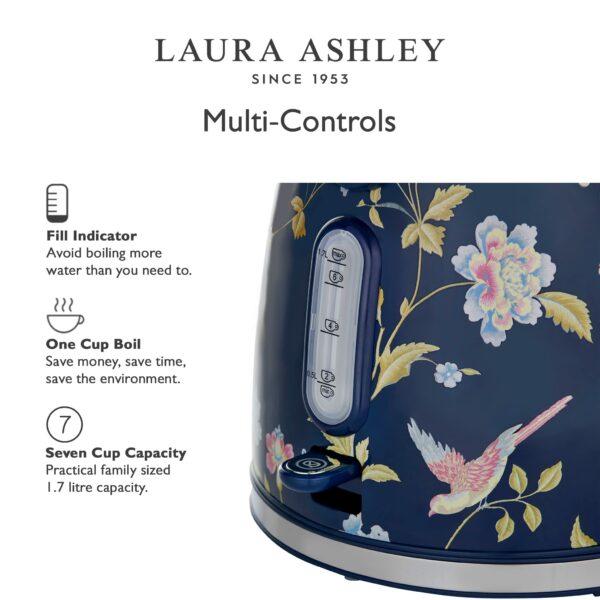 Laura Ashley Elveden Navy Cordless Electric Kettle By VQ, Stainless Steel Kettle With Capacity of 1.7 Litre, Energy Efficient 3KW Fast Boiling Technology With Boil Dry Protection & Temperature Gauge