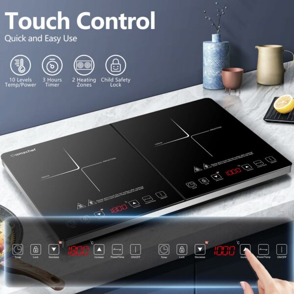AMZCHEF Double Induction Hob, Induction Cooker with Portable Ultra-thin Body, Independent Control,10 Temperature, Multiple Power Levels, 2800W, 3-Hour Timer, Safety Lock