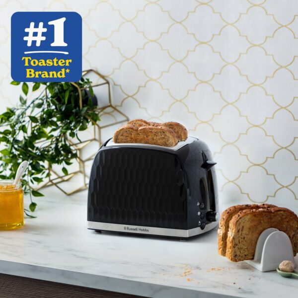 Russell Hobbs Honeycomb 2 Slice Toaster (Extra wide slots, High lift feature, 6 Browning levels, Frozen/Cancel/Reheat function, Removable crumb tray, 850W, Black, Textured high gloss) 26061