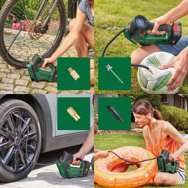 Bosch Home and Garden Electric Air Pump/Air Compressor UniversalPump 18V (1x 2,0 Ah Battery; 18 Volt System; for Car, Motorcycle and Bicycle Tyres; 150 PSI; 10.3 Bar; in Carton Packaging)