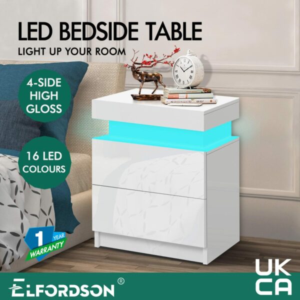 Elfordsen Led Bedside Table 4 Sides High Gloss Wooden Nightstand Cabinet