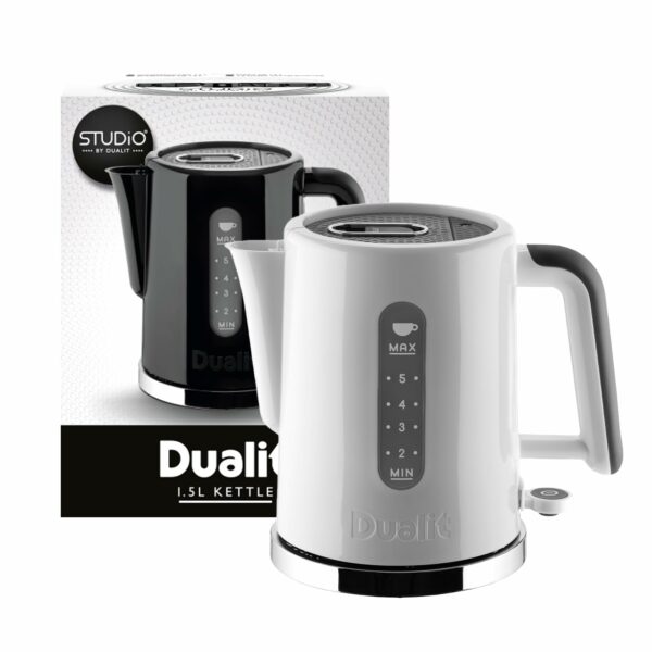 Dualit Studio 1.5L Jug Kettle in White With Polished Trim | 2.4KW Fast Boiling | Dual Measuring Windows | BPA Free | Patented Sure Pour Technology
