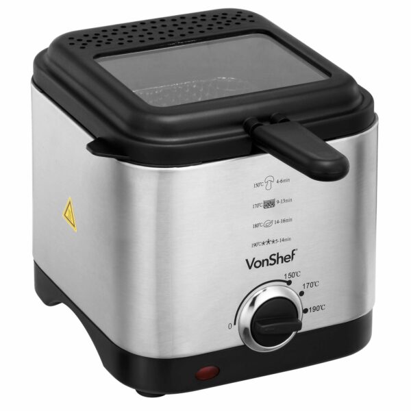 VonShef Deep Fat Fryer- Stainless Steel 1.5L Fryer with Easy to Use Adjustable Temperature Control, Indicator Lights, Observation Window, Non-Stick Removable Basket for Easy Clean & Non-Slip Feet