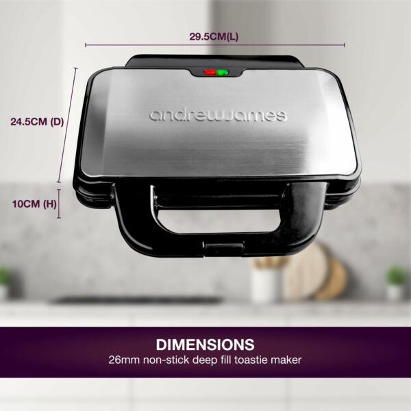Andrew James Electric Deep Fill Toasted Sandwich Maker Grill, 4 Slice Triangle Press with Cool Touch Handle, Non-Stick Plates for Thick Cheese Toasties, 900W, For Large Deep Filled Toasted Sandwiches