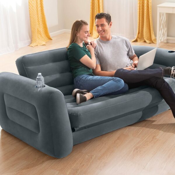 Intex King Size Sofa Bed Pull-Out Inflatable Camping Sleep Away Futon Couch with 3 quick inflation and Deflation Valves, 203 x 231 x 66 cm, Grey