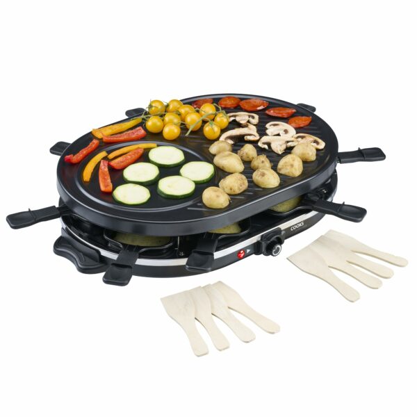 Cooks Professional Electric Raclette Grill with Traditional Hotplate – 8 Cheese Fondue Pans, Wooden Spatulas, 1200W, Thermostat Control – Perfect for Parties & Even Cooking