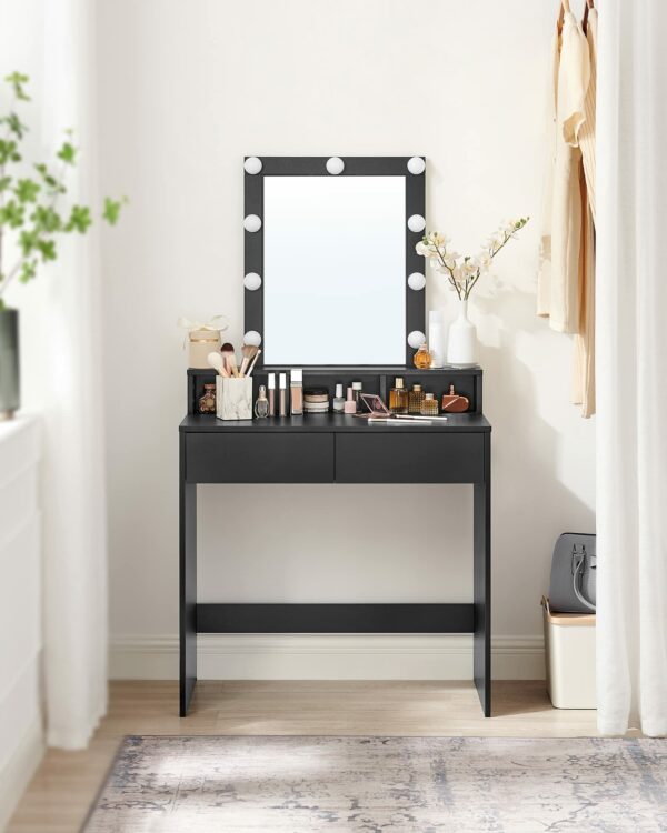 VASAGLE Dressing Table, LED Lights with Adjustable Brightness, Vanity Table with Mirror, 2 Drawers and 3 Compartments, Makeup Table, Modern, Simply Black RDT194B01