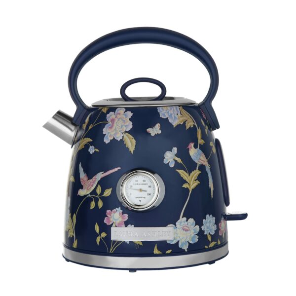 Laura Ashley Elveden Navy Cordless Electric Kettle By VQ, Stainless Steel Kettle With Capacity of 1.7 Litre, Energy Efficient 3KW Fast Boiling Technology With Boil Dry Protection & Temperature Gauge